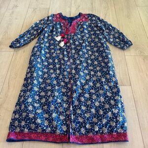 J. Crew Belted Tunic Dress Night Sky Block Blue Pink Large Floral Embroidered